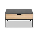 Tavolino da caffè in legno bicolore Haben Quercia Marrone/Nero - Baxton Studio: Design quadrato industriale, ripiano aperto, cassetto, soggiorno