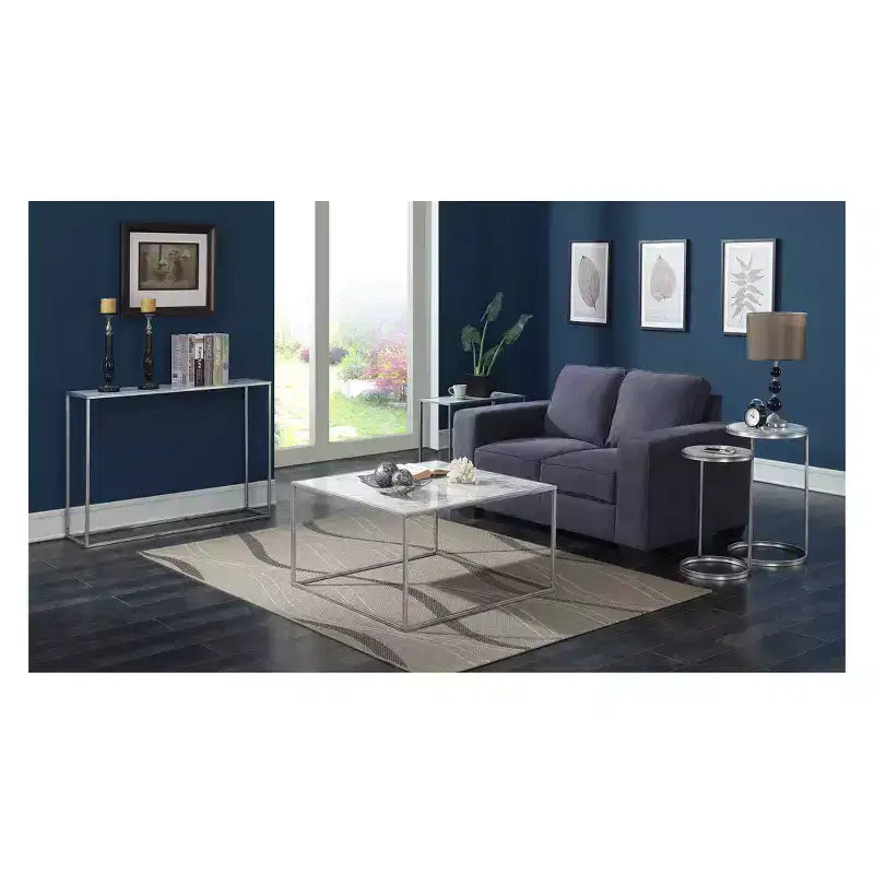 Tavolino Rotondo in Finto Marmo Gold Coast Faux Marble/Silver - Breighton Home: Elegante Struttura in Metallo, 62 cm di Altezza