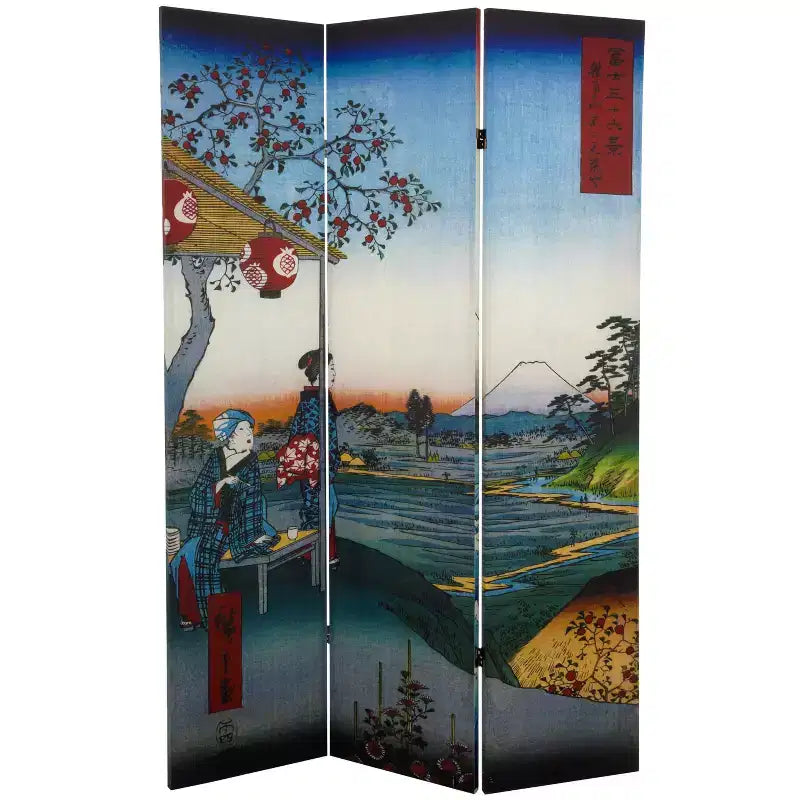 Oriental Furniture Divisorio Hiroshige a doppia faccia alto 1,80 m, Mare a Satta/Casa da tè: Paravento pieghevole, struttura in legno composito