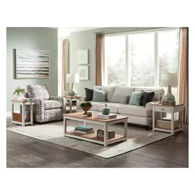 Tavolino contenitore/portariviste Savannah con ripiano estraibile, color avorio con piano in legno naturale - Alaterre Furniture