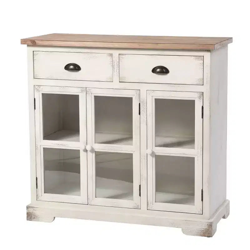 Mobile credenza 3 ante/2 cassetti Shabby Chic con vetrina Bianco Antico/Naturale - StyleCraft: Stile rustico, Ripiano fisso, Composito di legno