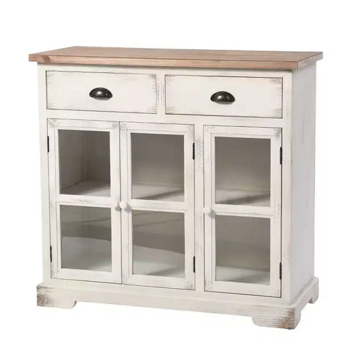 Mobile credenza 3 ante/2 cassetti Shabby Chic con vetrina Bianco Antico/Naturale - StyleCraft: Stile rustico, Ripiano fisso, Composito di legno
