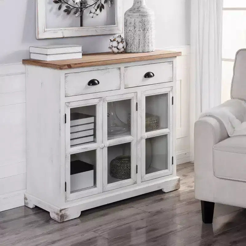 Mobile credenza 3 ante/2 cassetti Shabby Chic con vetrina Bianco Antico/Naturale - StyleCraft: Stile rustico, Ripiano fisso, Composito di legno