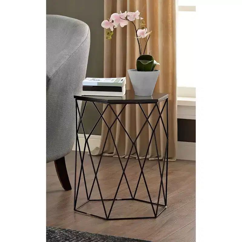 Adore Decor Element Tavolino Geometrico Nero Notte: Esagonale, Struttura in Ferro, Nessun Montaggio Richiesto