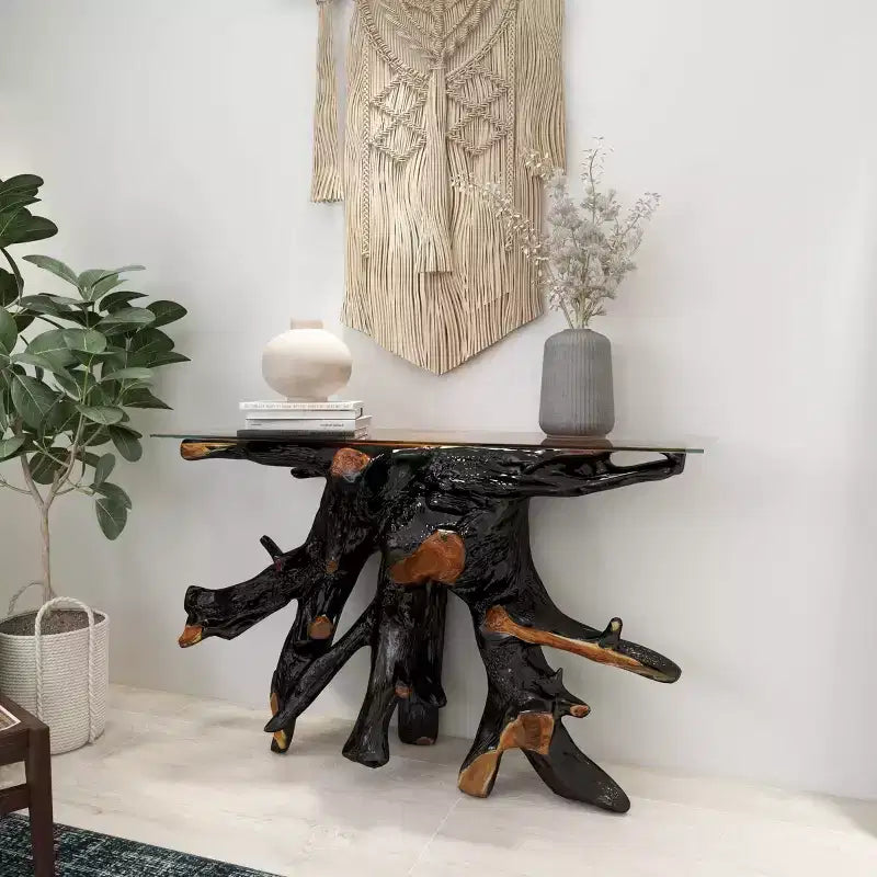 Consolle contemporanea in legno di Teak color Oro - Olivia & May: Tavolo robusto per ingresso, Nessun assemblaggio richiesto