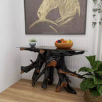 Consolle contemporanea in legno di Teak color Oro - Olivia & May: Tavolo robusto per ingresso, Nessun assemblaggio richiesto