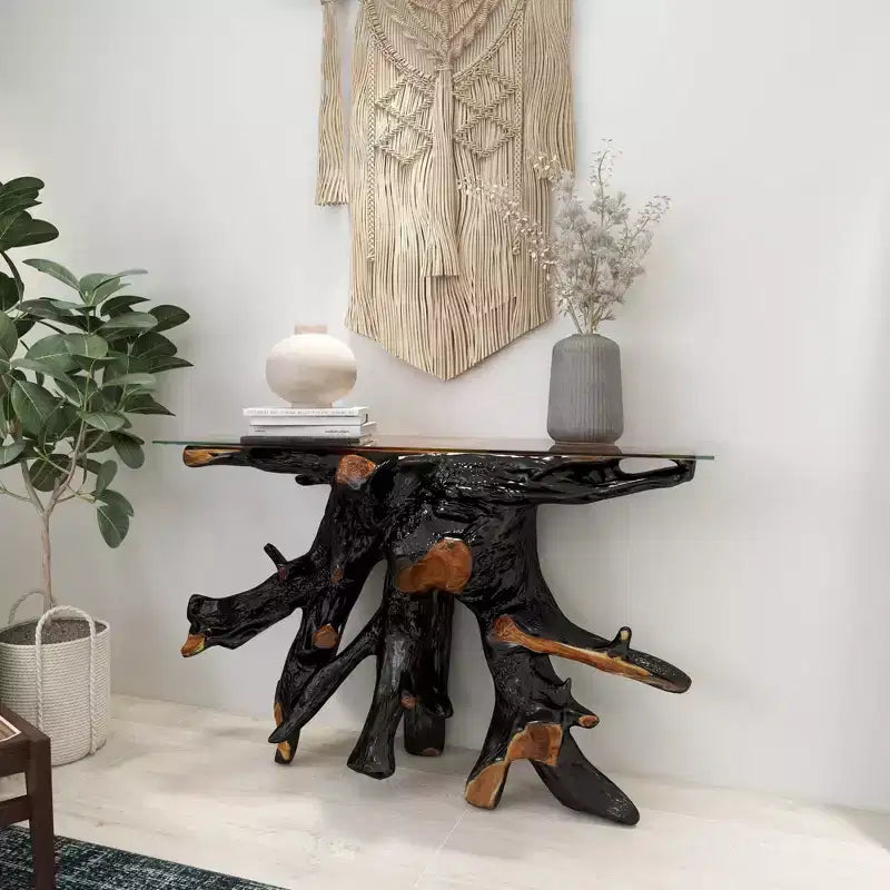 Consolle contemporanea in legno di Teak color Oro - Olivia & May: Tavolo robusto per ingresso, Nessun assemblaggio richiesto
