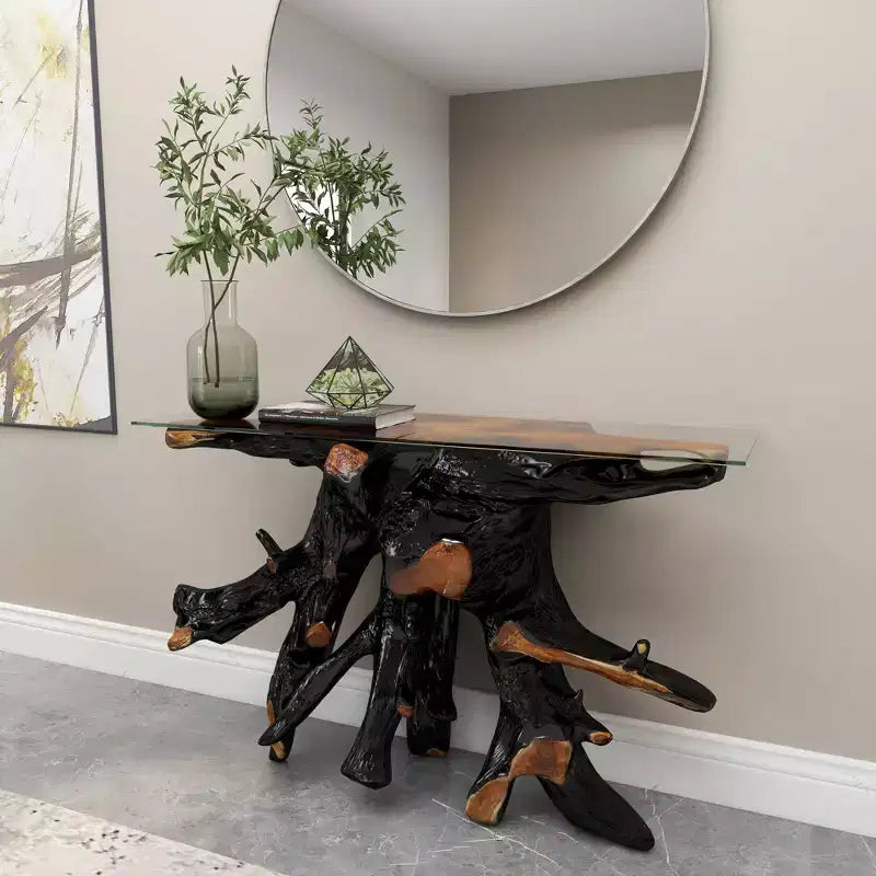Consolle contemporanea in legno di Teak color Oro - Olivia & May: Tavolo robusto per ingresso, Nessun assemblaggio richiesto