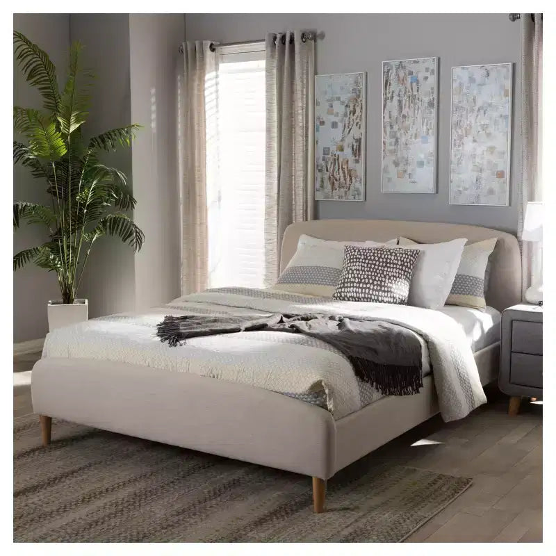 Baxton Studio Letto Imbottito Piattaforma Matrimoniale Mia Mid Century in Tessuto Beige Chiaro: Struttura in Legno di Gomma e MDF, Non Necessita di Rete a Molle