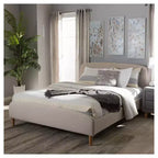 Baxton Studio Letto Imbottito Piattaforma Matrimoniale Mia Mid Century in Tessuto Beige Chiaro: Struttura in Legno di Gomma e MDF, Non Necessita di Rete a Molle