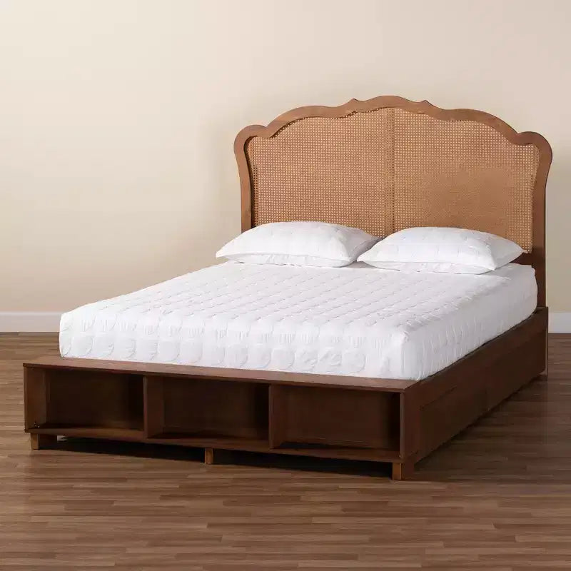Baxton Studio King Latrell Letto Contenitore in Legno e Rattan Marrone Noce