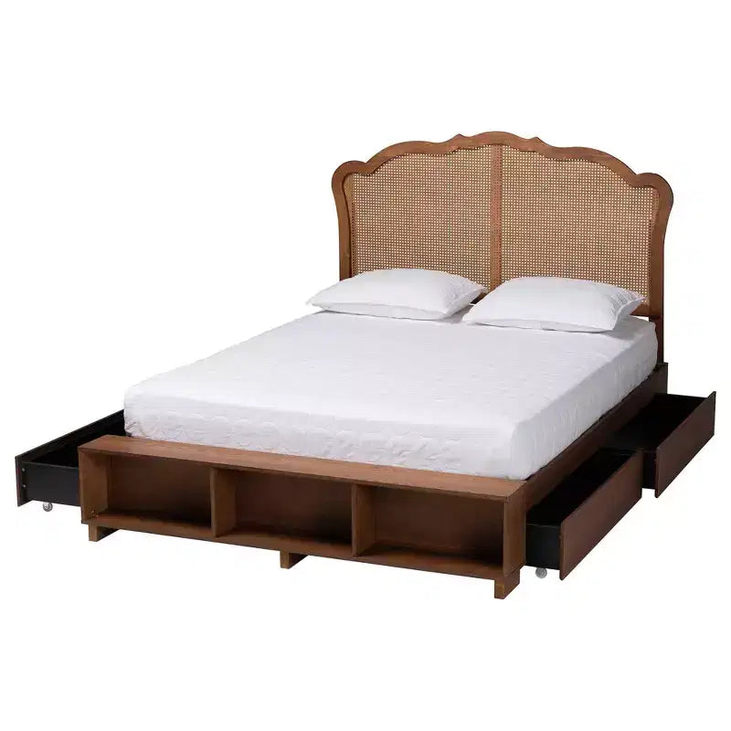 Baxton Studio King Latrell Letto Contenitore in Legno e Rattan Marrone Noce