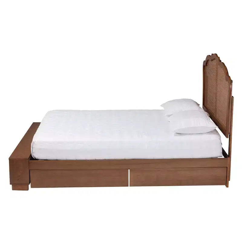 Baxton Studio King Latrell Letto Contenitore in Legno e Rattan Marrone Noce