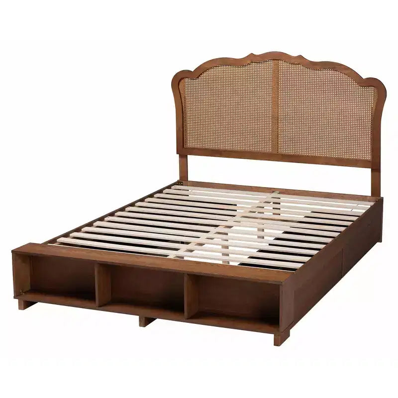 Baxton Studio King Latrell Letto Contenitore in Legno e Rattan Marrone Noce