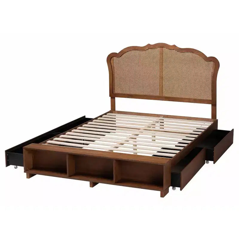Baxton Studio King Latrell Letto Contenitore in Legno e Rattan Marrone Noce