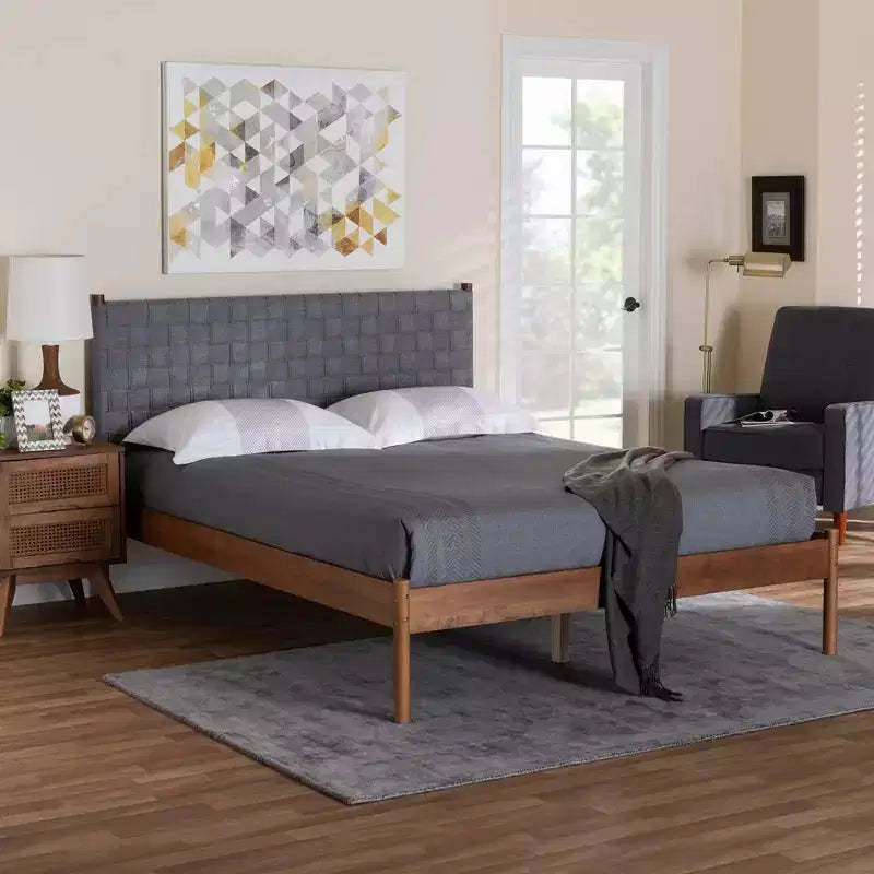 Baxton Studio Estela Letto a piattaforma in tessuto intrecciato e legno, queen size, grigio/marrone noce