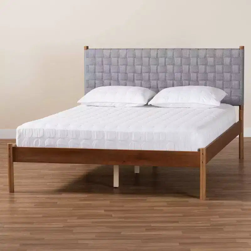 Baxton Studio Estela Letto a piattaforma in tessuto intrecciato e legno, queen size, grigio/marrone noce