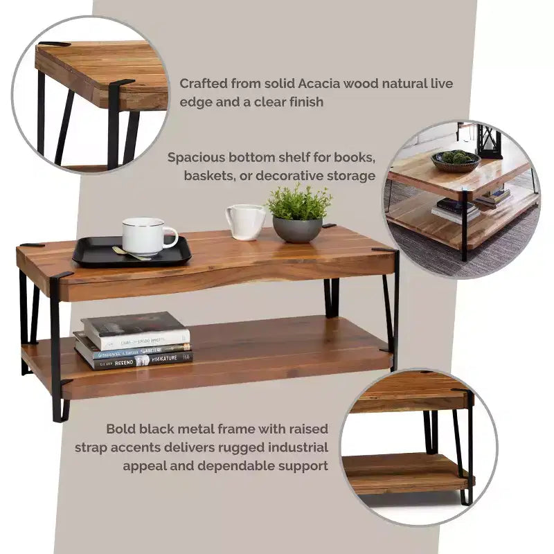 Tavolino da caffè Alaterre Furniture Ryegate con bordo vivo in legno massello e metallo