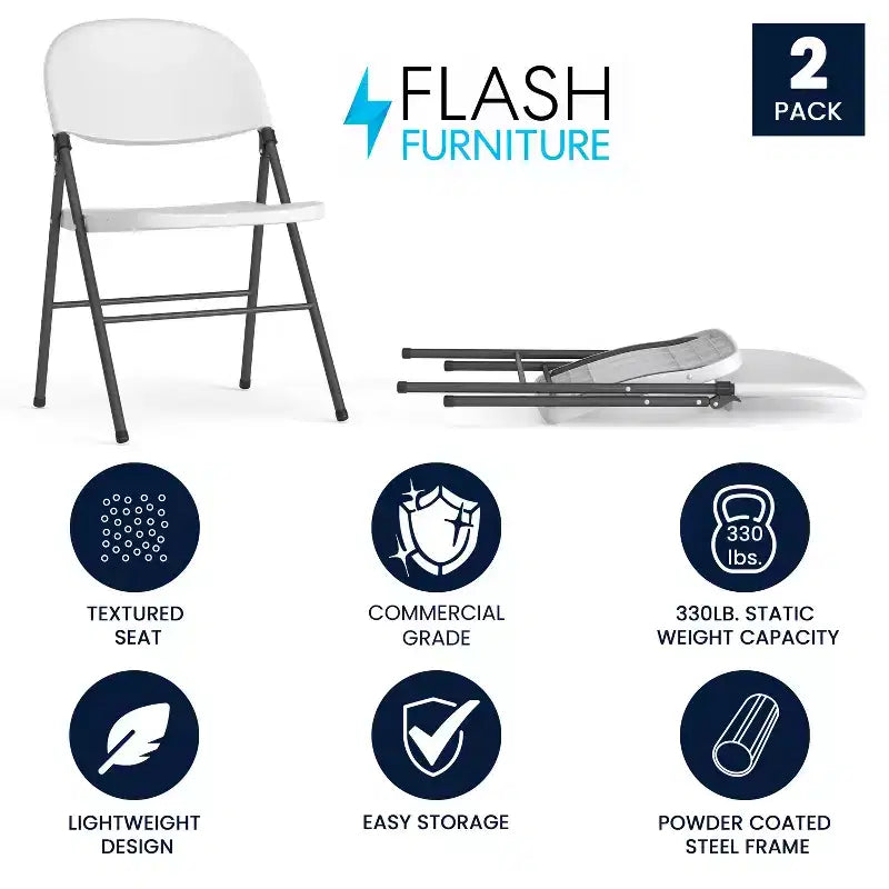Flash Furniture Sedia Pieghevole in Plastica Serie HERCULES, Confezione da 2, Capacità 150 kg, con Struttura Antracite