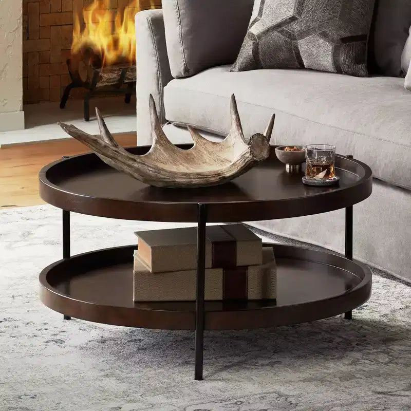 Elm Lane Tavolino da Caffè Rotondo Moderno Industriale Minimalista in Legno Taos 36 pollici di Larghezza con Ripiano Inferiore Marrone Scuro per Soggiorno Camera da Letto Comodino