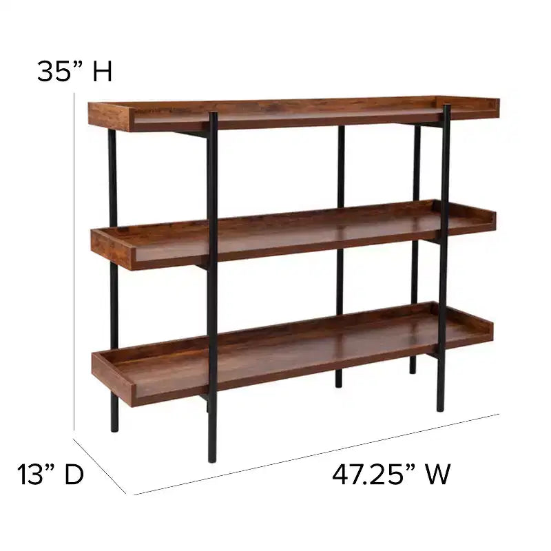 Flash Furniture Mayfair Libreria a 3 Ripiani, Unità di Archiviazione e Espositore da 35H con Struttura in Metallo Nero e Finitura in Venatura del Legno Rustico