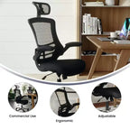 Flash Furniture Kelista, sedia da ufficio direzionale ergonomica girevole con schienale alto in rete nera, braccioli ribaltabili e poggiatesta regolabile