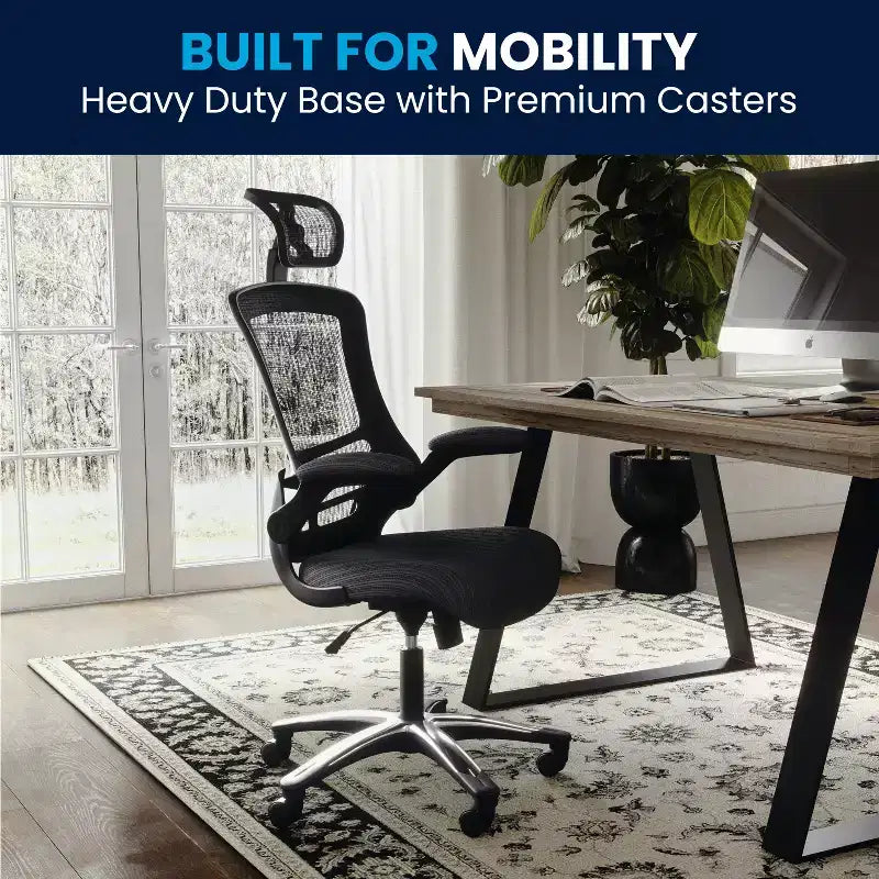 Flash Furniture Kelista, sedia da ufficio direzionale ergonomica girevole con schienale alto in rete nera, braccioli ribaltabili e poggiatesta regolabile