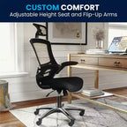 Flash Furniture Kelista, sedia da ufficio direzionale ergonomica girevole con schienale alto in rete nera, braccioli ribaltabili e poggiatesta regolabile