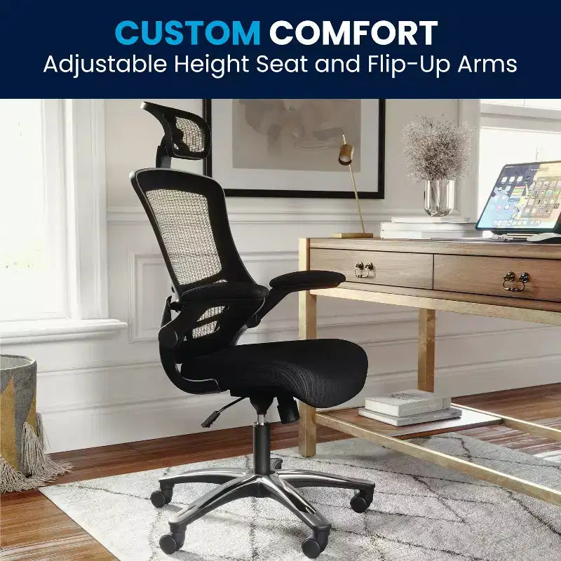 Flash Furniture Kelista, sedia da ufficio direzionale ergonomica girevole con schienale alto in rete nera, braccioli ribaltabili e poggiatesta regolabile