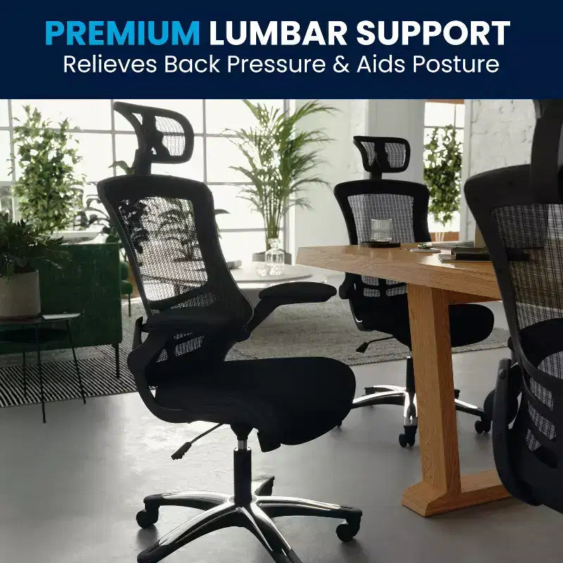 Flash Furniture Kelista, sedia da ufficio direzionale ergonomica girevole con schienale alto in rete nera, braccioli ribaltabili e poggiatesta regolabile