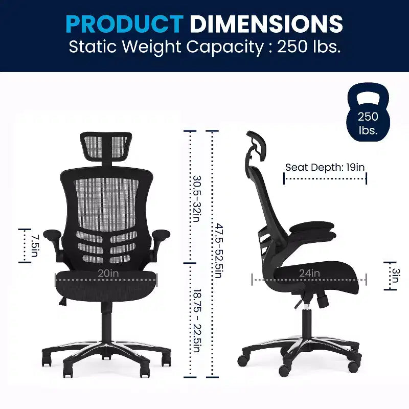 Flash Furniture Kelista, sedia da ufficio direzionale ergonomica girevole con schienale alto in rete nera, braccioli ribaltabili e poggiatesta regolabile