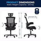 Flash Furniture Kelista, sedia da ufficio direzionale ergonomica girevole con schienale alto in rete nera, braccioli ribaltabili e poggiatesta regolabile