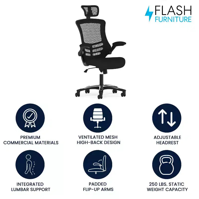 Flash Furniture Kelista, sedia da ufficio direzionale ergonomica girevole con schienale alto in rete nera, braccioli ribaltabili e poggiatesta regolabile