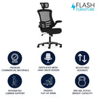 Flash Furniture Kelista, sedia da ufficio direzionale ergonomica girevole con schienale alto in rete nera, braccioli ribaltabili e poggiatesta regolabile