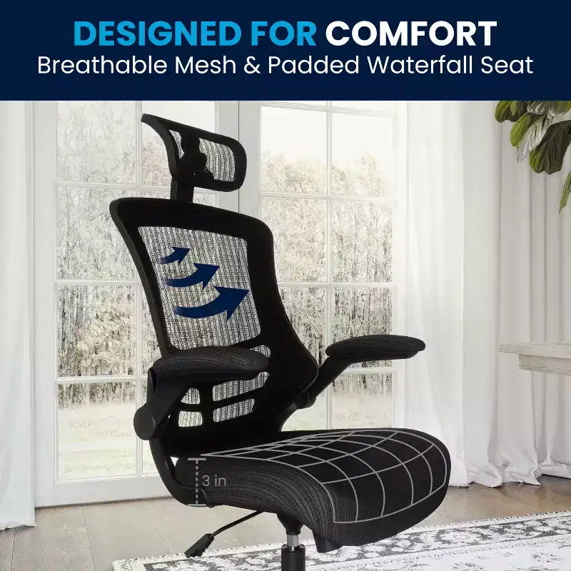Flash Furniture Kelista, sedia da ufficio direzionale ergonomica girevole con schienale alto in rete nera, braccioli ribaltabili e poggiatesta regolabile