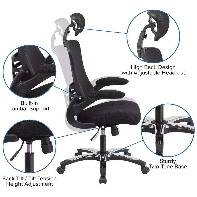 Flash Furniture Kelista, sedia da ufficio direzionale ergonomica girevole con schienale alto in rete nera, braccioli ribaltabili e poggiatesta regolabile