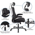 Flash Furniture Kelista, sedia da ufficio direzionale ergonomica girevole con schienale alto in rete nera, braccioli ribaltabili e poggiatesta regolabile