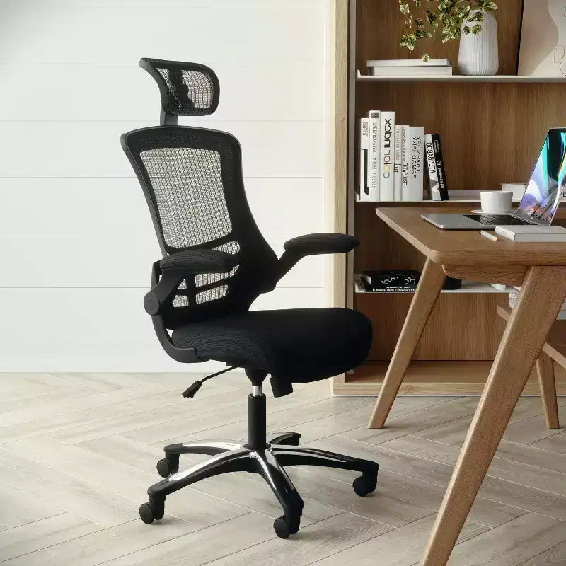 Flash Furniture Kelista, sedia da ufficio direzionale ergonomica girevole con schienale alto in rete nera, braccioli ribaltabili e poggiatesta regolabile