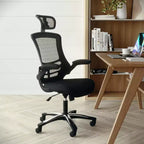 Flash Furniture Kelista, sedia da ufficio direzionale ergonomica girevole con schienale alto in rete nera, braccioli ribaltabili e poggiatesta regolabile