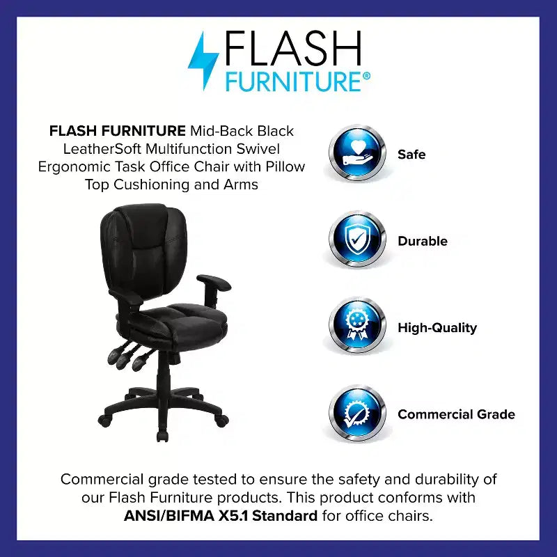 Sedia da ufficio ergonomica girevole multifunzione con schienale medio Flash Furniture con cuscino superiore e braccioli regolabili