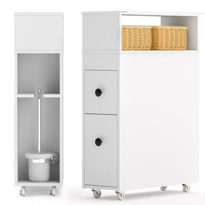 Costway Movable Bathroom Storage Cabinet Narrow Toilet Side Paper Holder w/ 2 Drawers