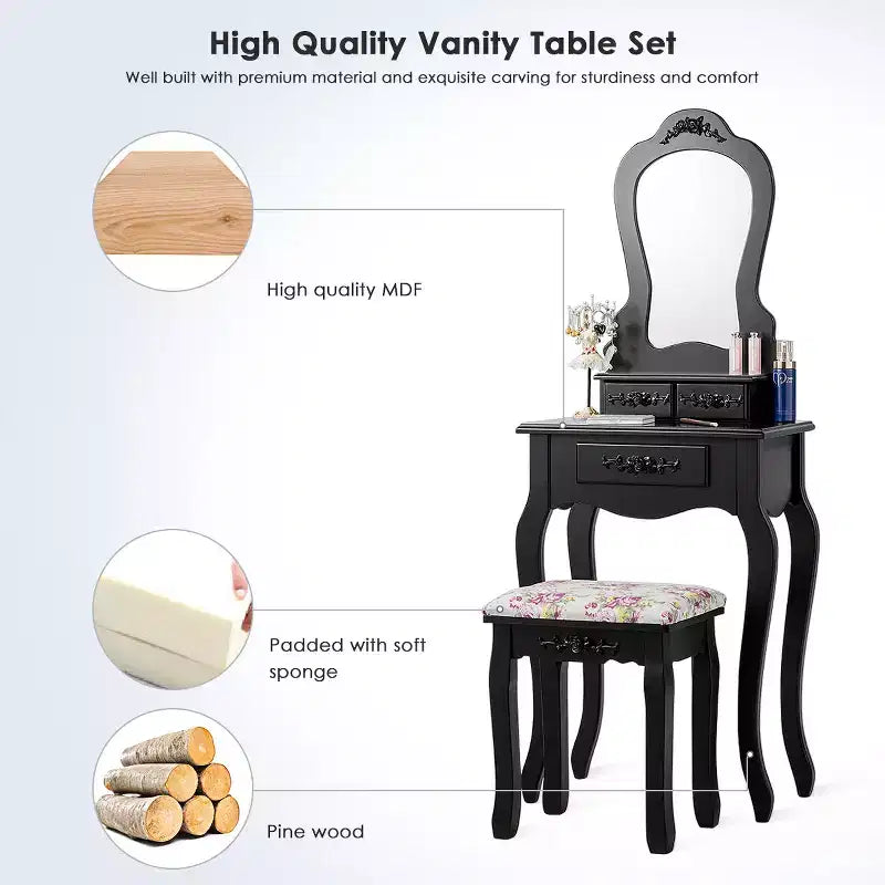 Costway Toeletta da trucco in legno con sgabello e scrivania portagioie, colore nero