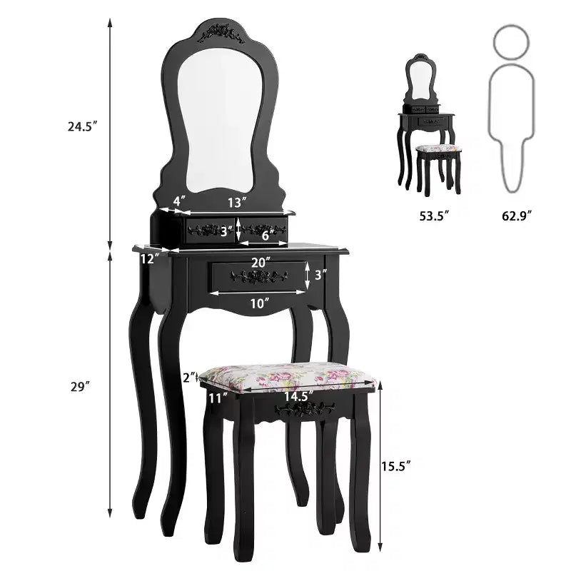 Costway Toeletta da trucco in legno con sgabello e scrivania portagioie, colore nero