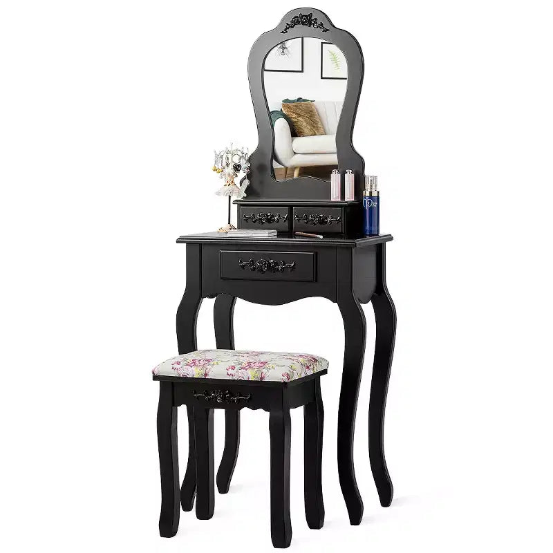 Costway Toeletta da trucco in legno con sgabello e scrivania portagioie, colore nero