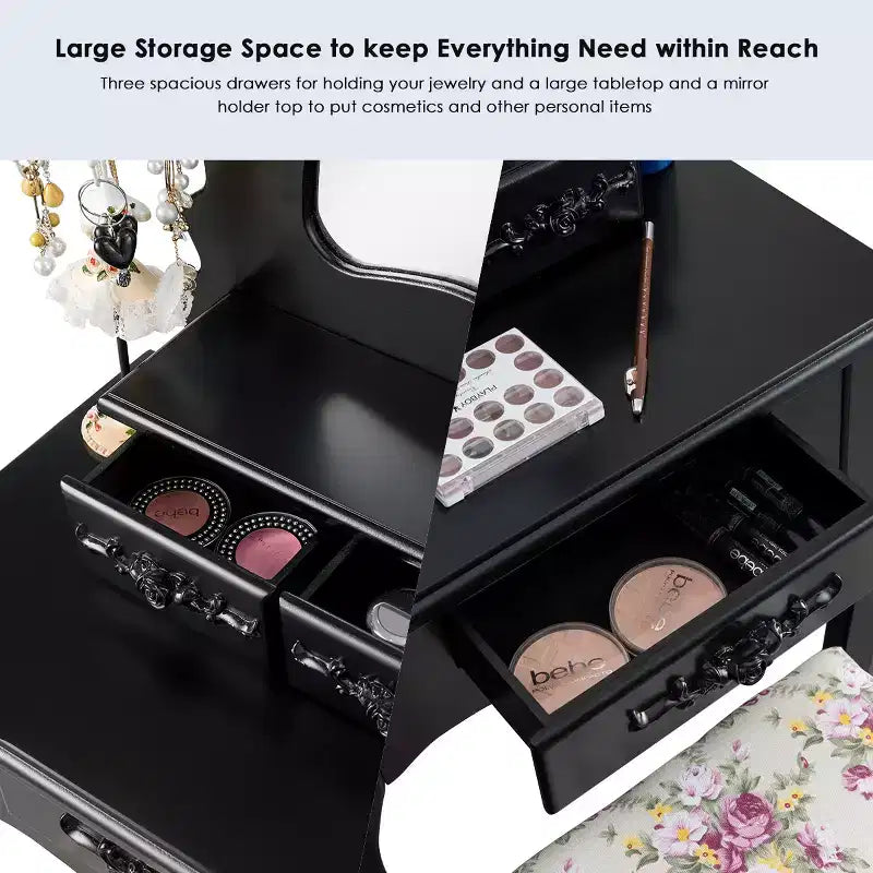 Costway Toeletta da trucco in legno con sgabello e scrivania portagioie, colore nero