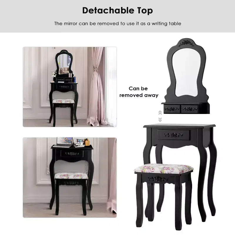 Costway Toeletta da trucco in legno con sgabello e scrivania portagioie, colore nero