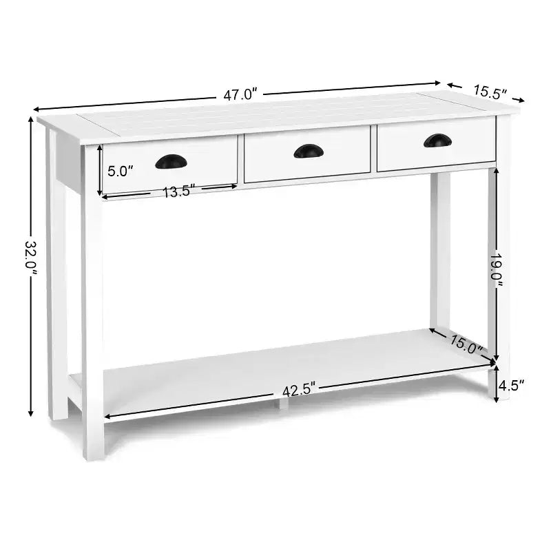 Costway Tavolo Consolle da 47'' Tavolo da Ingresso Scrivania Laterale Tavolo d'Appoggio Cassetti Ripiano Ingresso Bianco