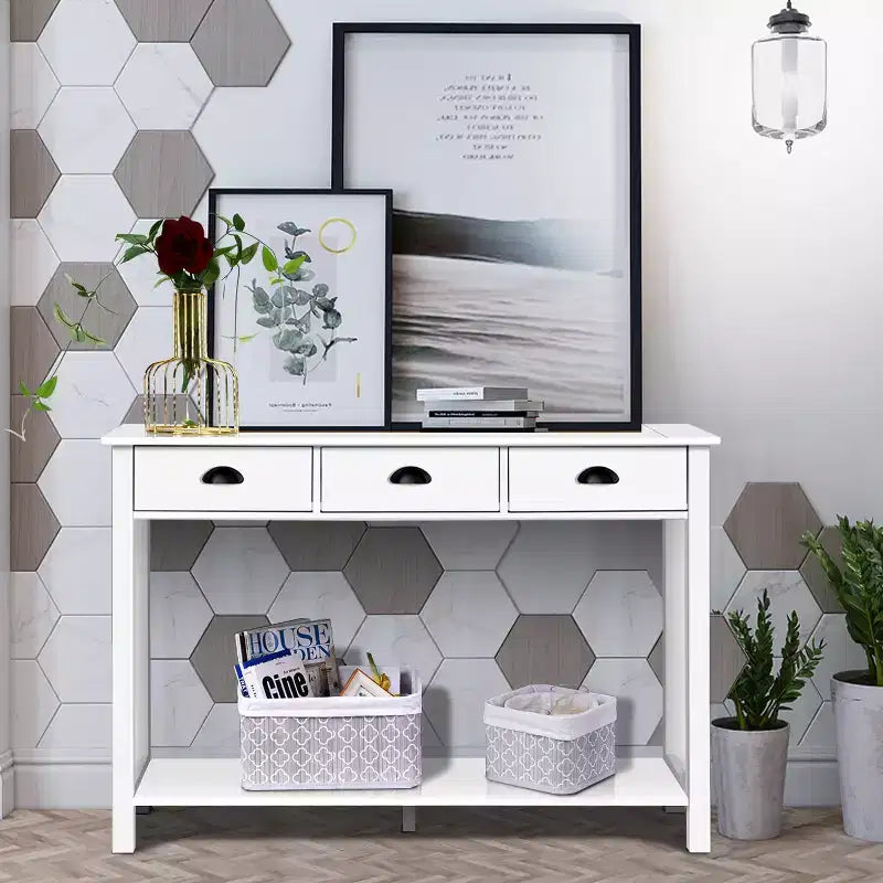 Costway Tavolo Consolle da 47'' Tavolo da Ingresso Scrivania Laterale Tavolo d'Appoggio Cassetti Ripiano Ingresso Bianco