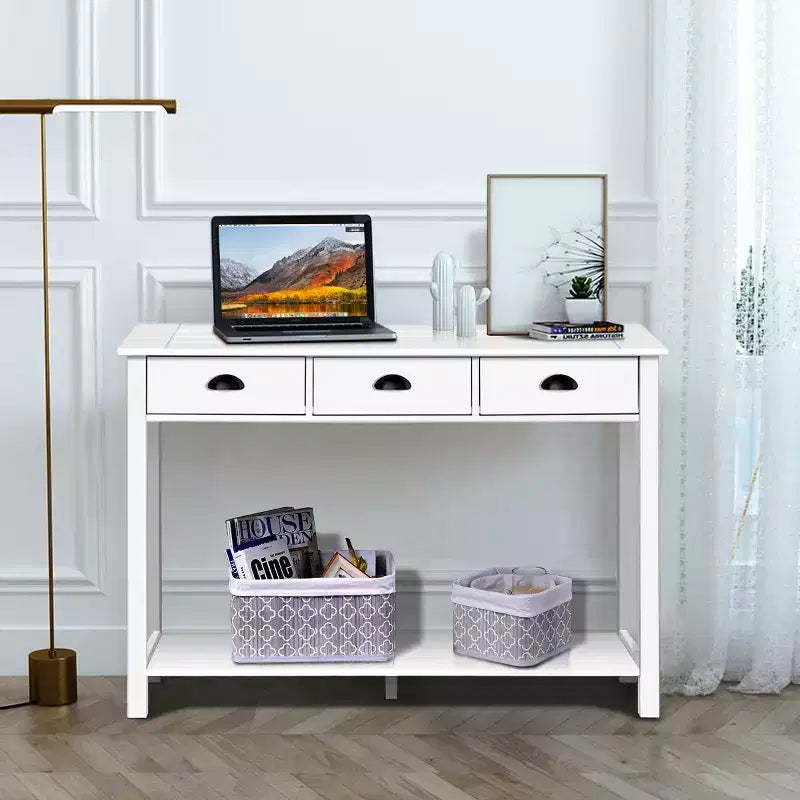 Costway Tavolo Consolle da 47'' Tavolo da Ingresso Scrivania Laterale Tavolo d'Appoggio Cassetti Ripiano Ingresso Bianco