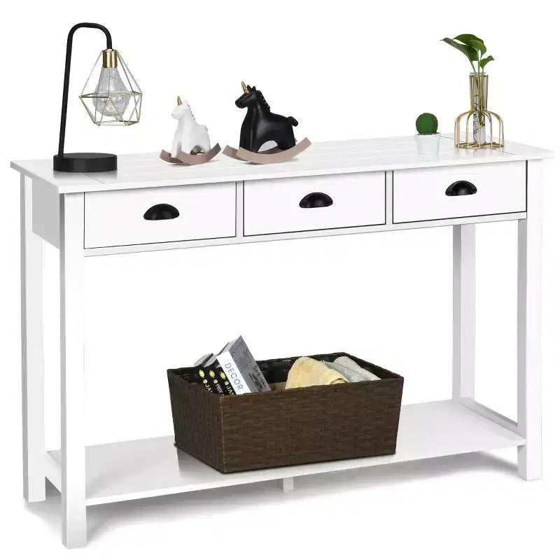 Costway Tavolo Consolle da 47'' Tavolo da Ingresso Scrivania Laterale Tavolo d'Appoggio Cassetti Ripiano Ingresso Bianco